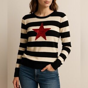 Tommy Hilfiger Striped Sweater Red Sequin Star Nautical Holiday Chic L black